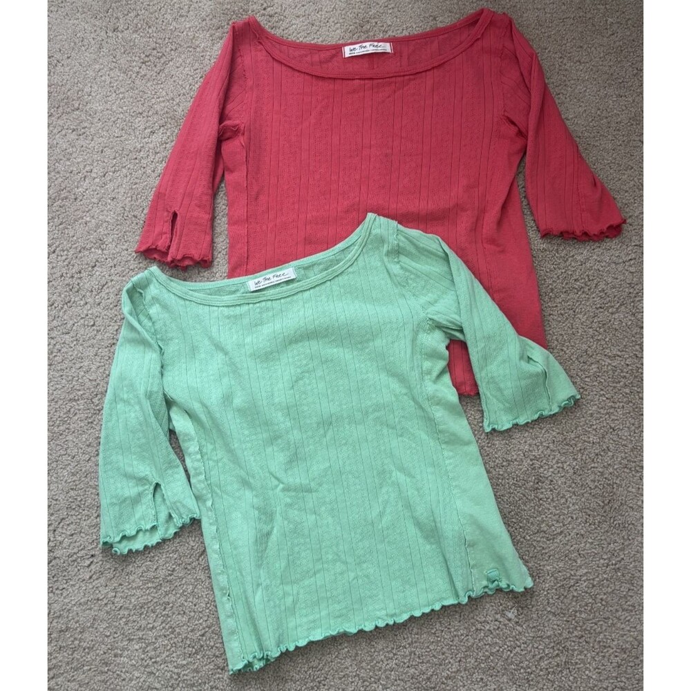 BUNDLE! We the Free Shirts Womens Small Green Slub Tshirt 3/4 Sleeve Lightweight